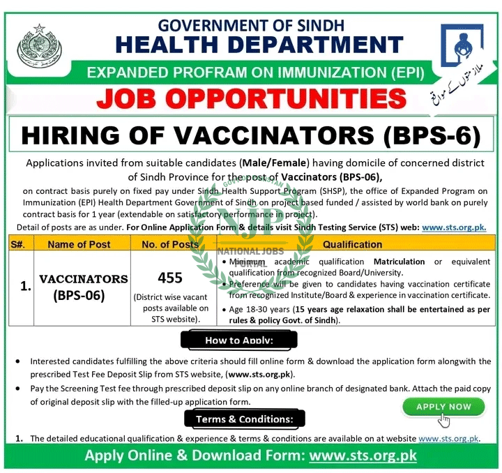 Sindh Vaccinator STS Sindh Jobs Advertisement 2024 