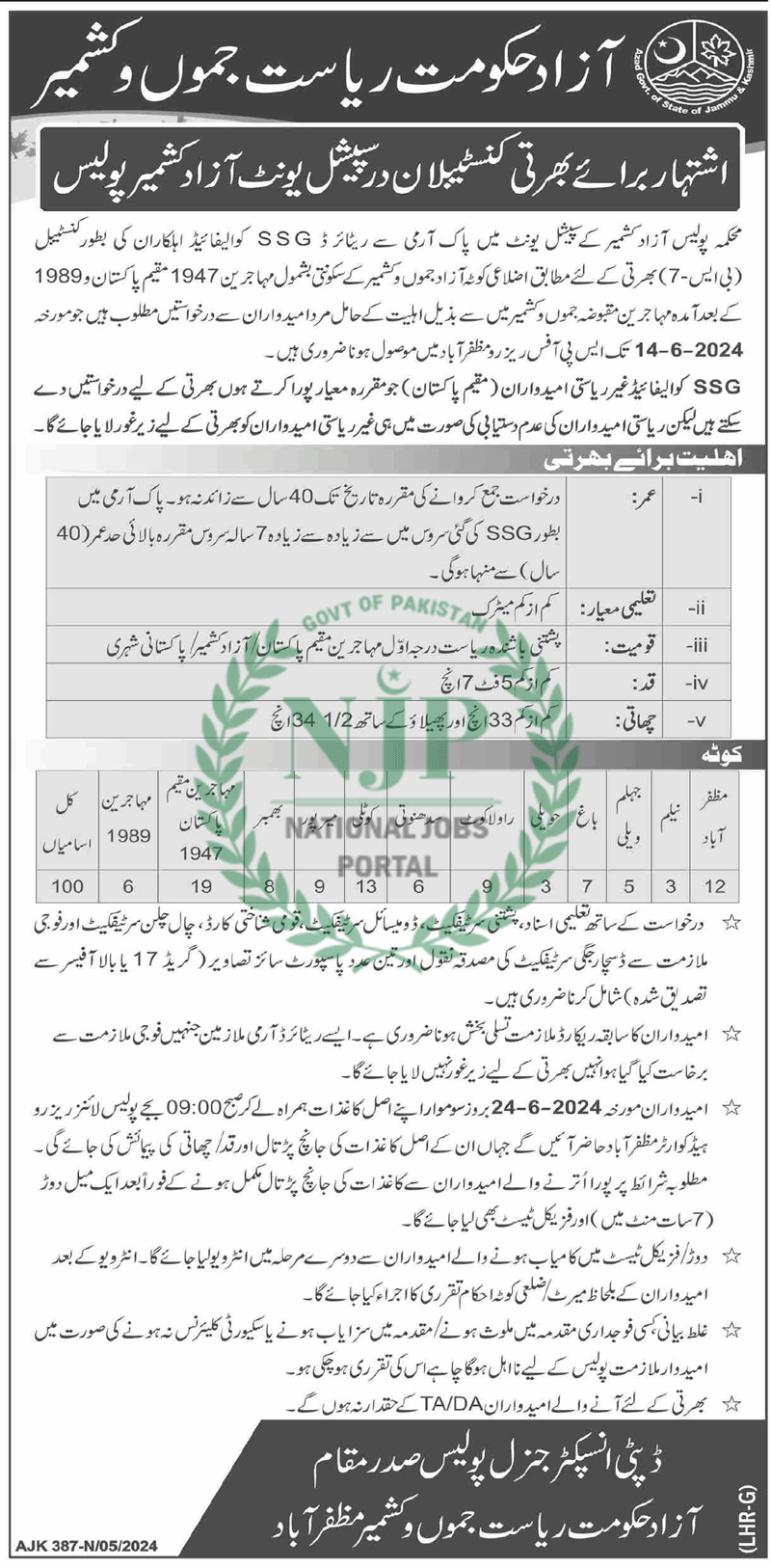 AJK Police Jobs as Constables in Special Branch Advertisement 