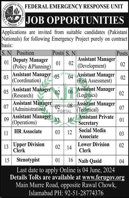 Federal Emergency Response Unit FERU Islamabad Jobs Advertisement 2024