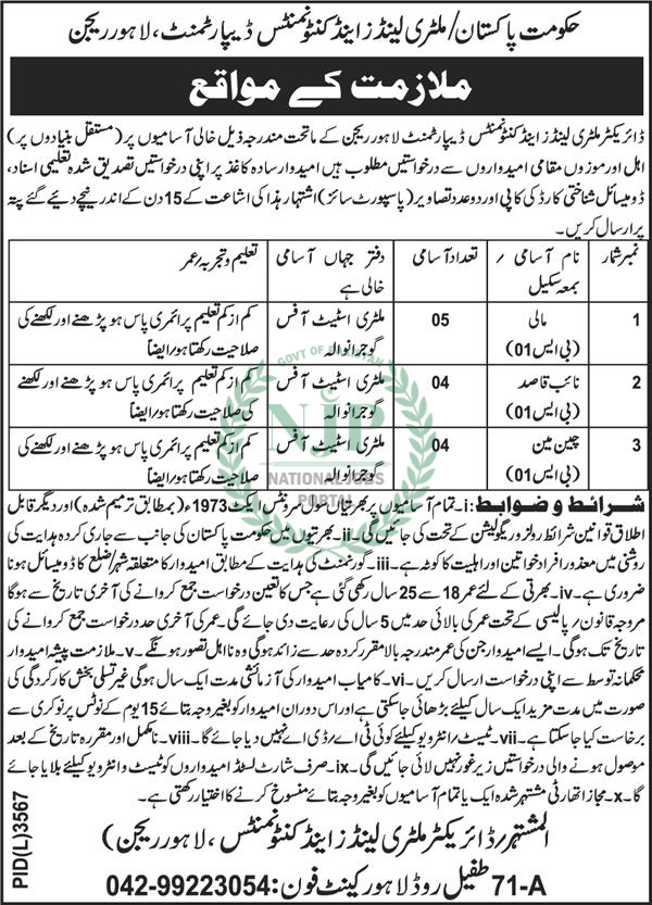 Govt of Pakistan Military Lands and Cantonment Department Lahore Region Jobs 2024 