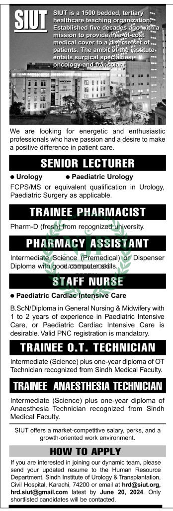 Latest Sindh Institute of Urology and Transplantation SIUT Jobs Advertisement 2024