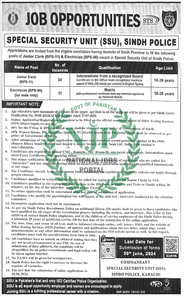 Special Security Unit SSU Sindh Police Jobs 2024 