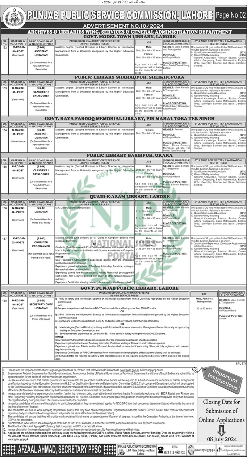 BPS-16 to BPS-20 PPSC Jobs Ad No. 10 / 2024