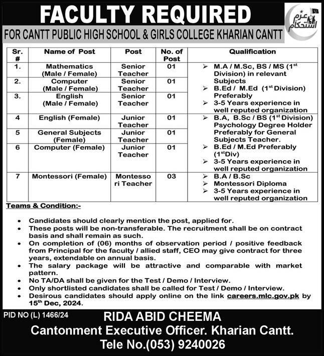 Cantt Public High School & Girls College Jhelum Jobs Advertisement