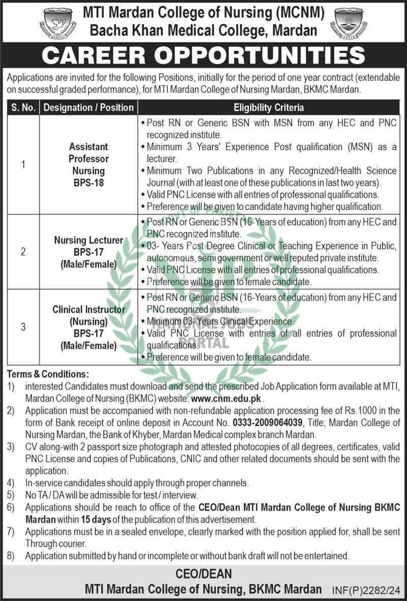 Bacha Khan Medical College Mardan Jobs  2024 Advertisement