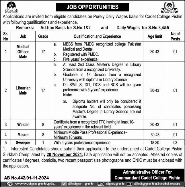 Cadet College Jobs 2024 Advertisement