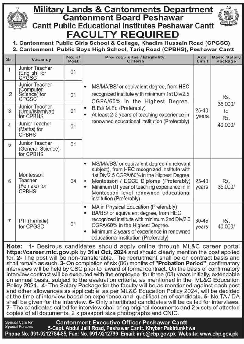 Cantt Public School & College Jobs 2024 Advertisement