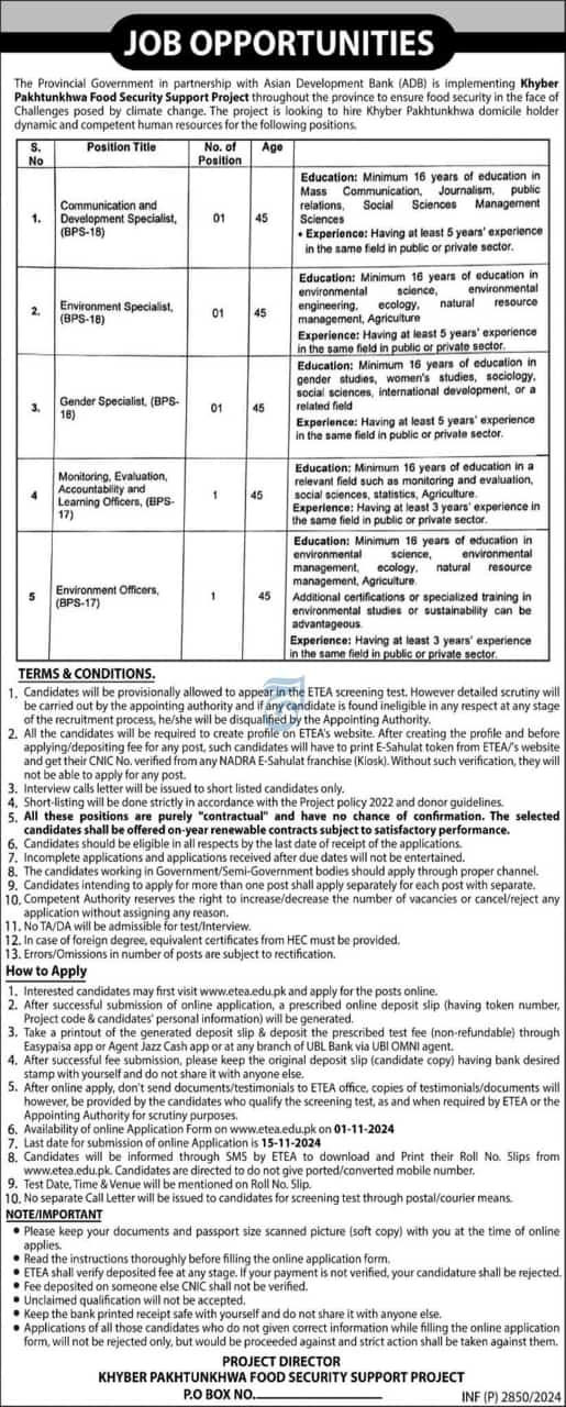 KPK Food Security Support Project Jobs 2024 Advertisement