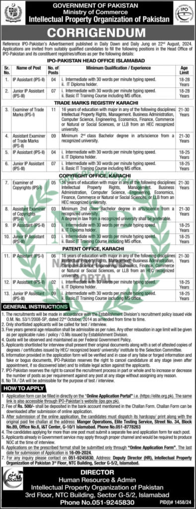 Ministry of Commerce IPOP Jobs 2024 Advertisement