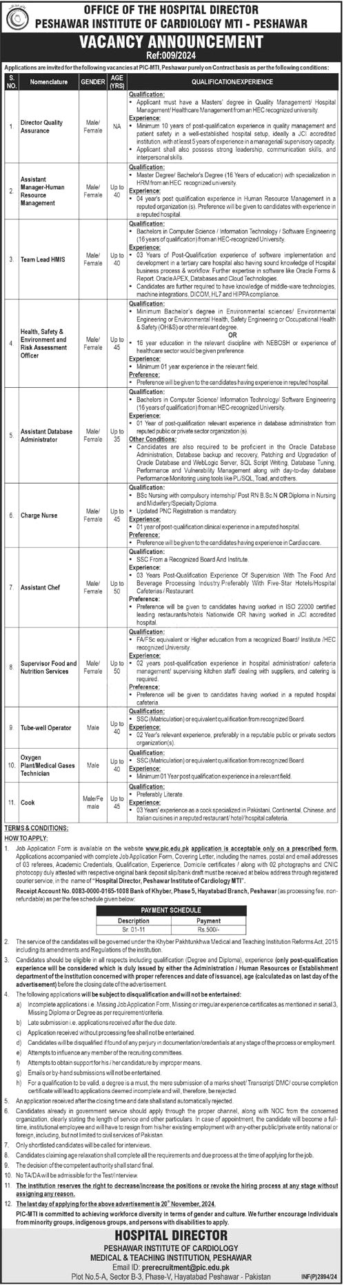 Peshawar Institute of Cardiology PIC Jobs Advertisement 