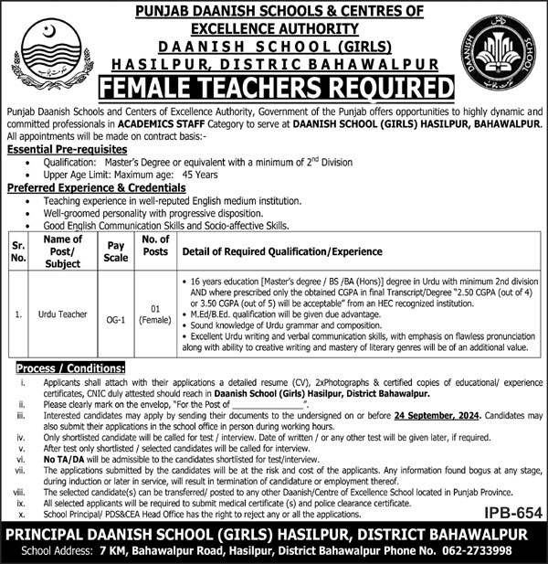 Punjab Daanish School Jobs 2024 Advertisement 