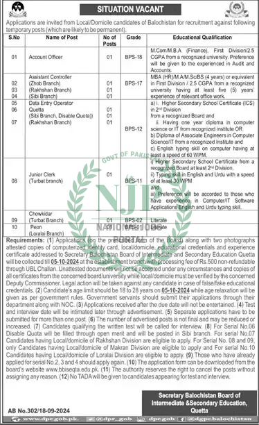 BBISE Quetta Jobs 2024 Advertisement 