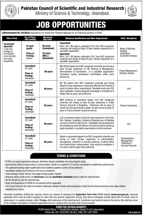 PCSIR Jobs 2024 Advertisement