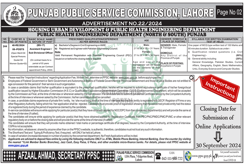 PPSC Jobs Advertisement No 22/2024