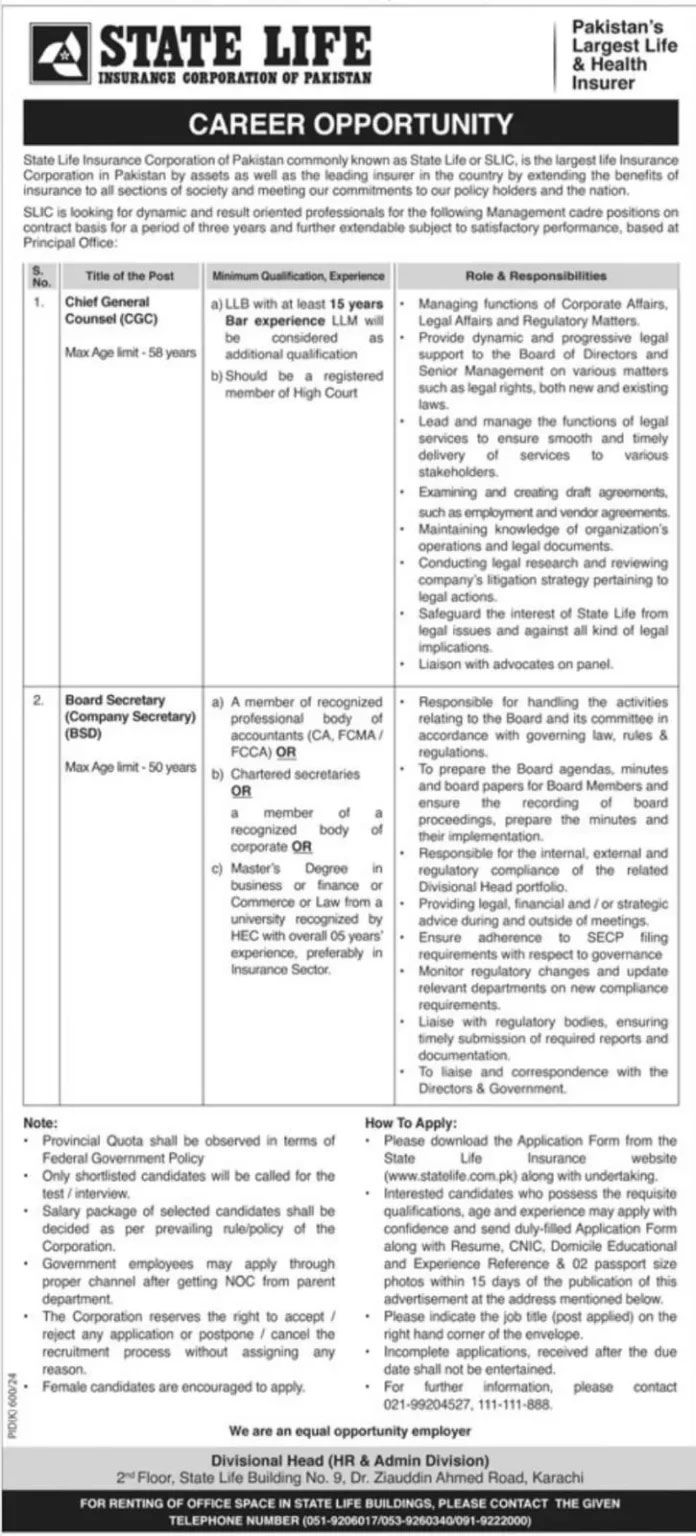 State Life Insurance Corporation of Pakistan Jobs 2024 Advertisement