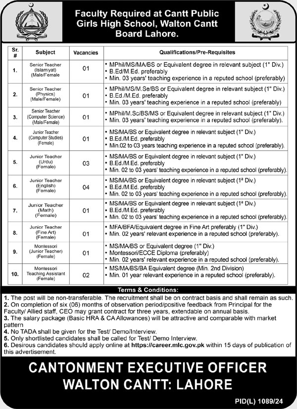 Cantt Public Girls High School Lahore Jobs 2024 Advertisement