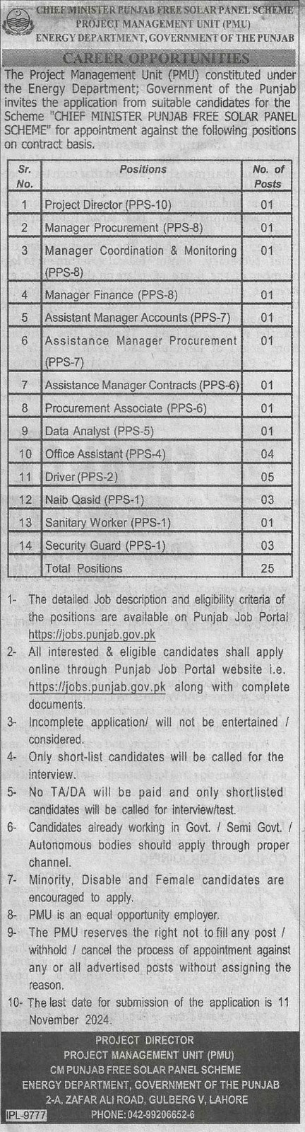 Energy Department Lahore Jobs 2024 Advertisement