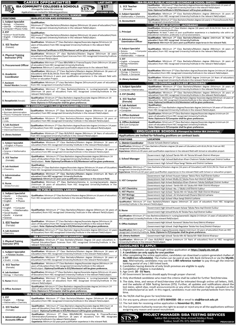 IBA Community Colleges & Schools (STS) Jobs 2024 Advertisement 