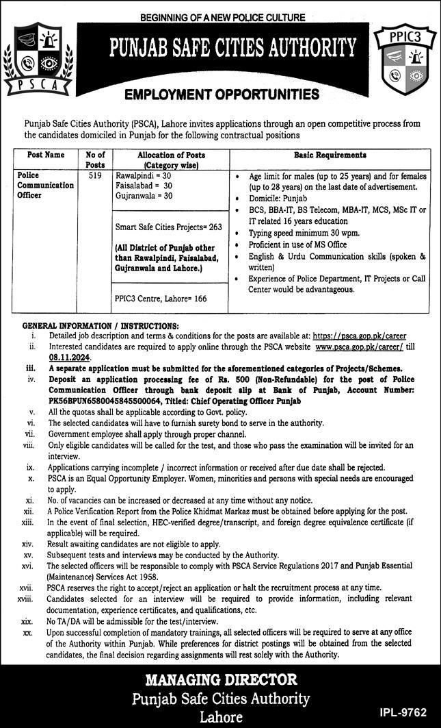 PSCA Lahore Jobs 2024 Advertisement