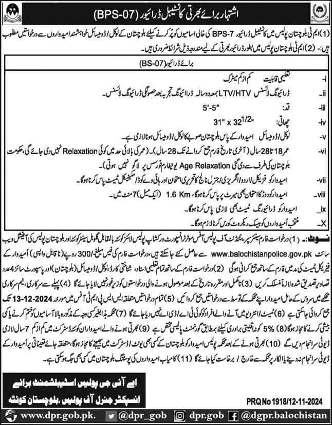 Balochistan Police Constable Drivers Jobs 2024 Advertisement