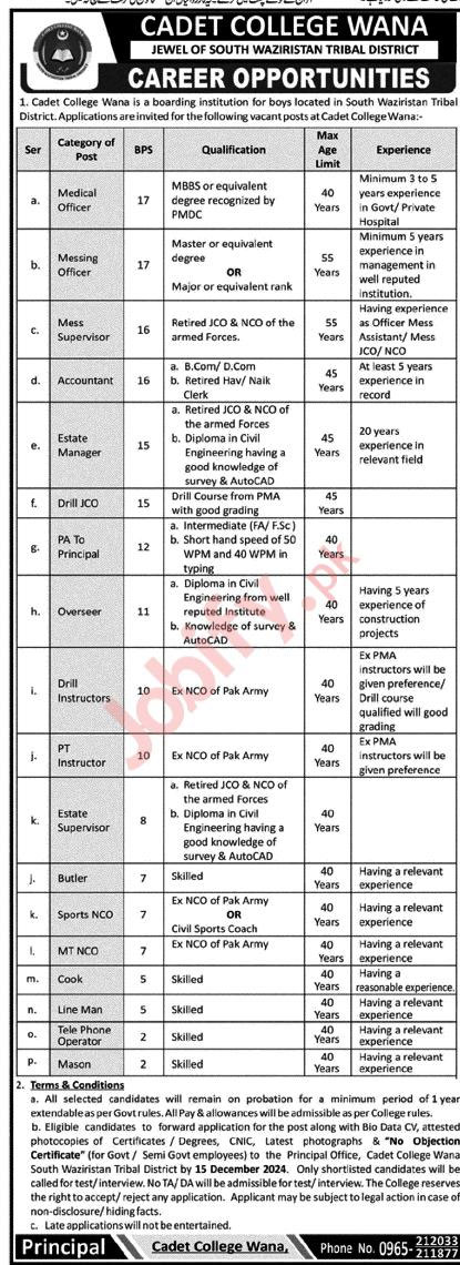 Cadet College Wana Jobs 2025 Advertisement