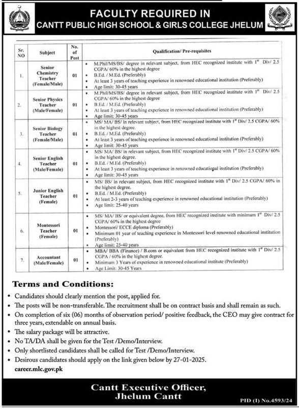 Cantt Public High School & Girls College Jhelum Jobs Advertisement