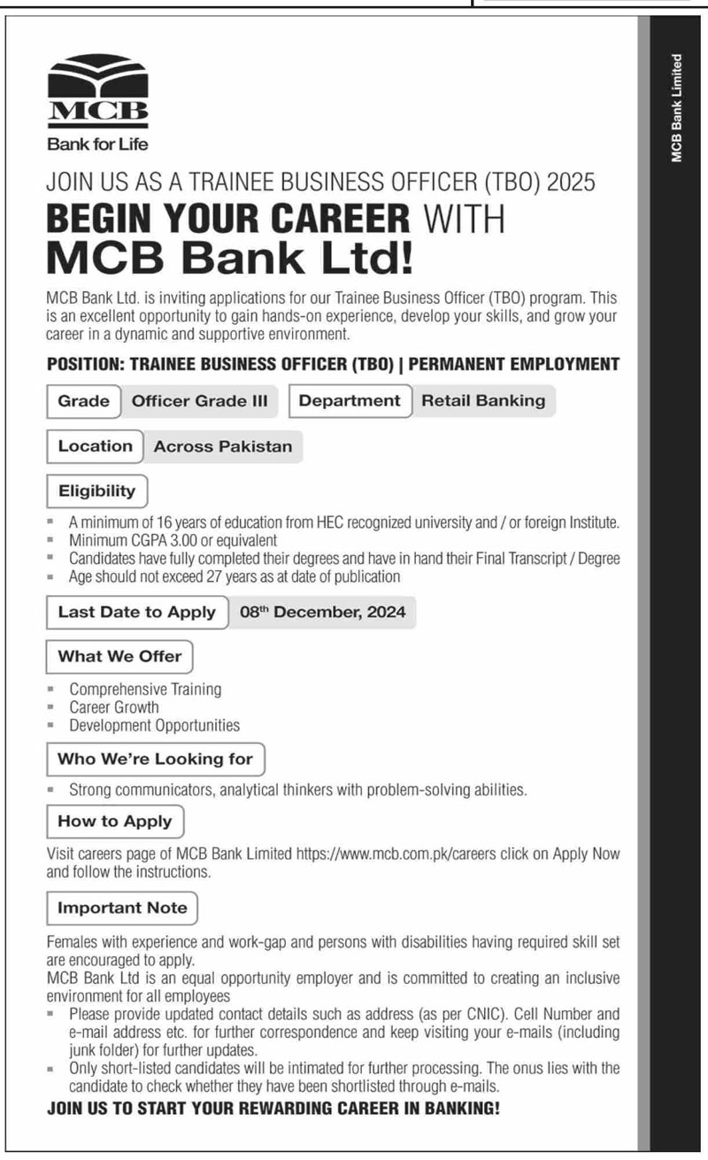 MCB Bank Jobs 2024 Advertisement