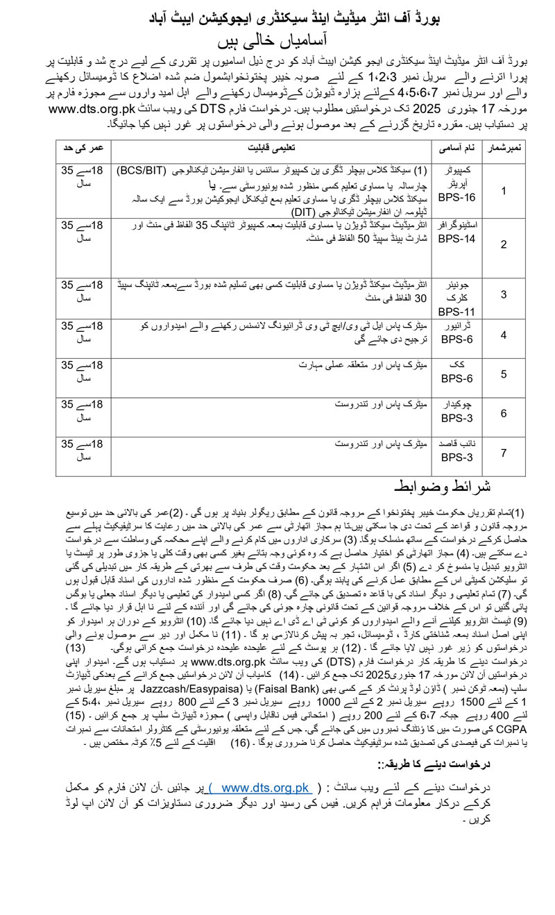 BISE Abbottabad Jobs 2025 Advertisement 