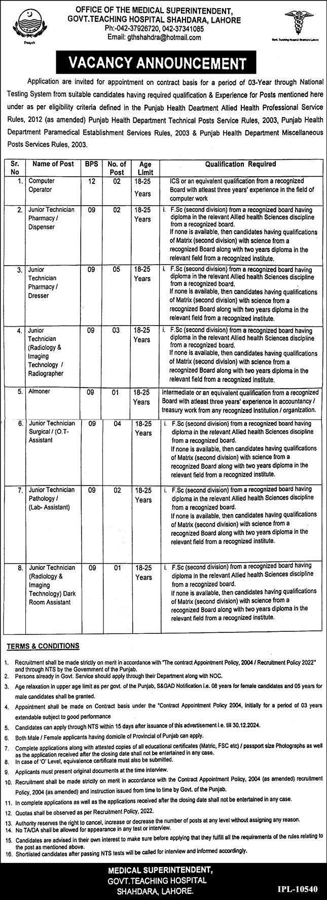 Government Teaching Hospital Lahore Jobs 2025 Advertisement 