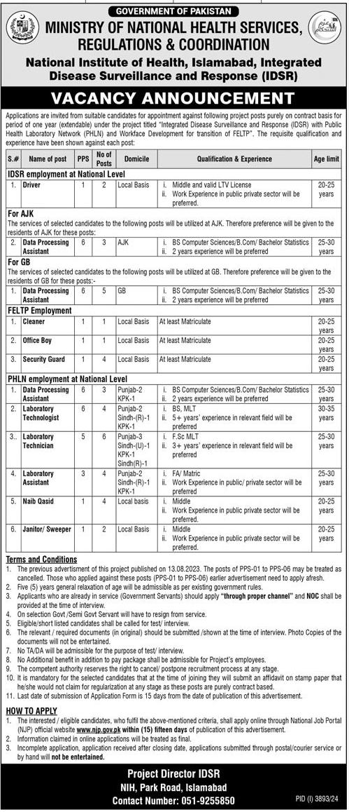 National Institute of Health Islamabad Jobs 2025 Advertisement 