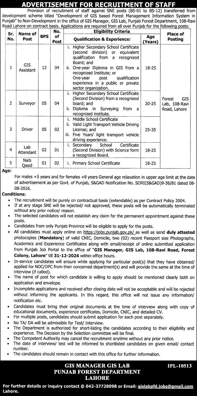 Punjab Forest Department Lahore Jobs 2024 Advertisement