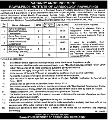 Rawalpindi Institute of Cardiology RIC Jobs 2025 Advertisement